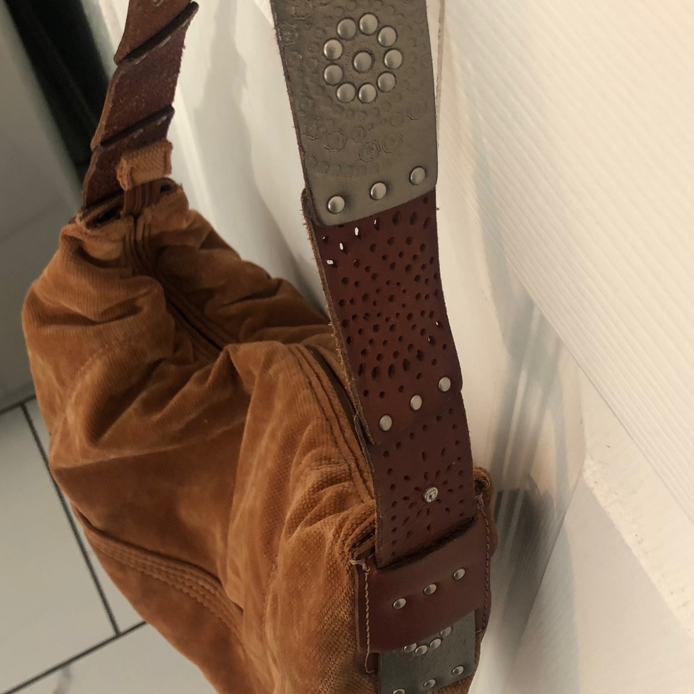 Unique Fossil brown cloth bag with handcrafted leather strap